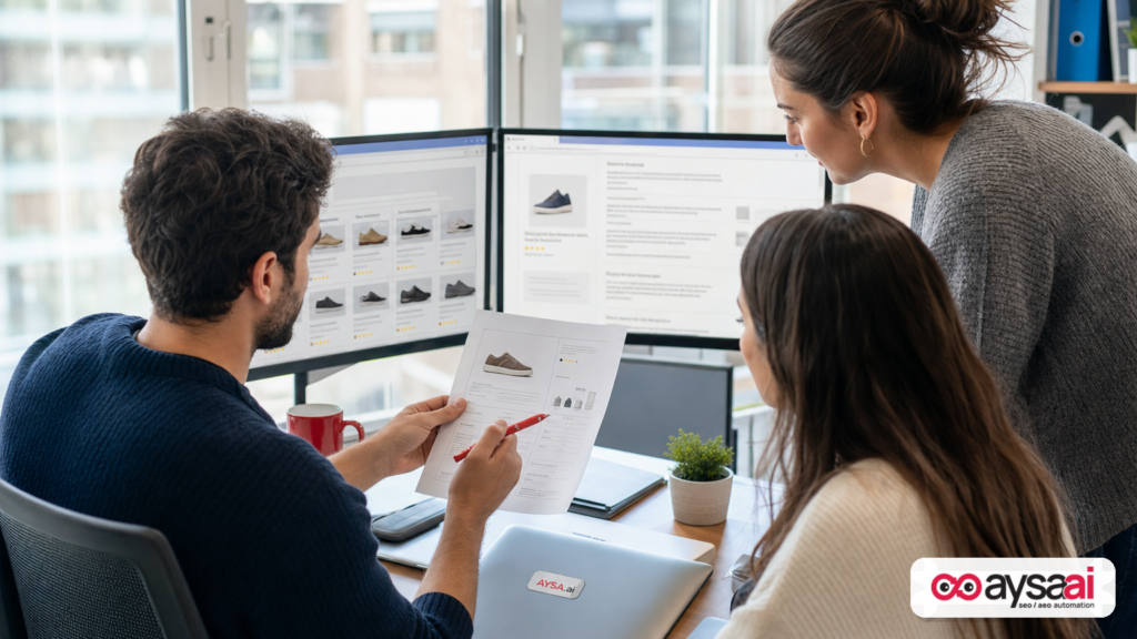 Ecommerce team comparing classic search results with AI-generated answers on screens