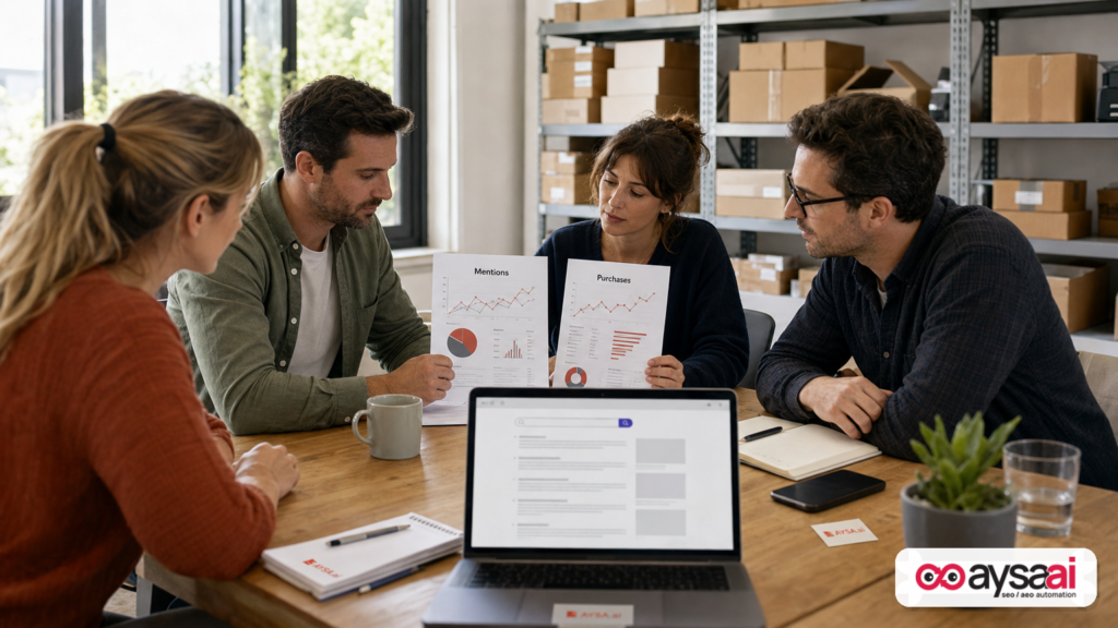 Ecommerce team comparing mentions versus purchases in two reports.