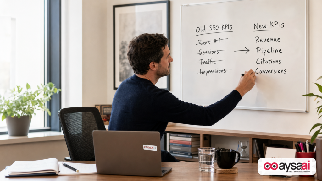 Founder replacing old SEO KPI list with revenue and visibility metrics
