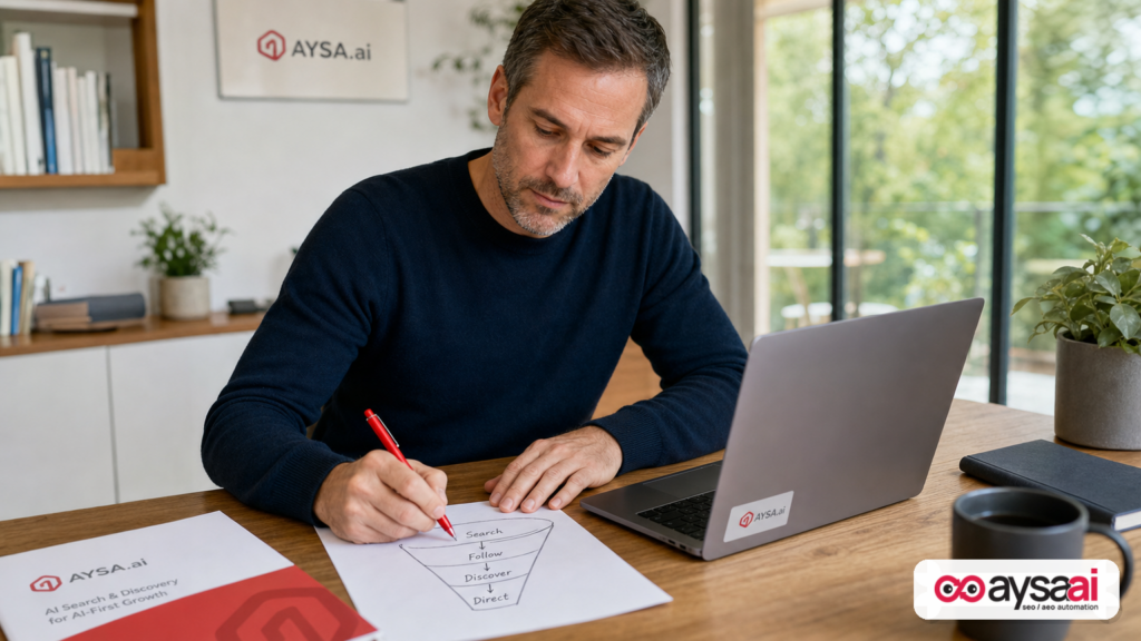 Founder sketching a simple funnel showing Search turning into Follow and Discover.