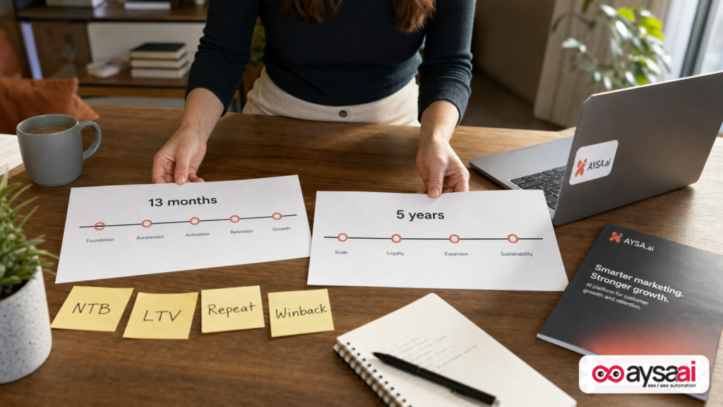 Hands comparing a 13-month timeline and a 5-year timeline for customer measurement with sticky notes for key metrics.