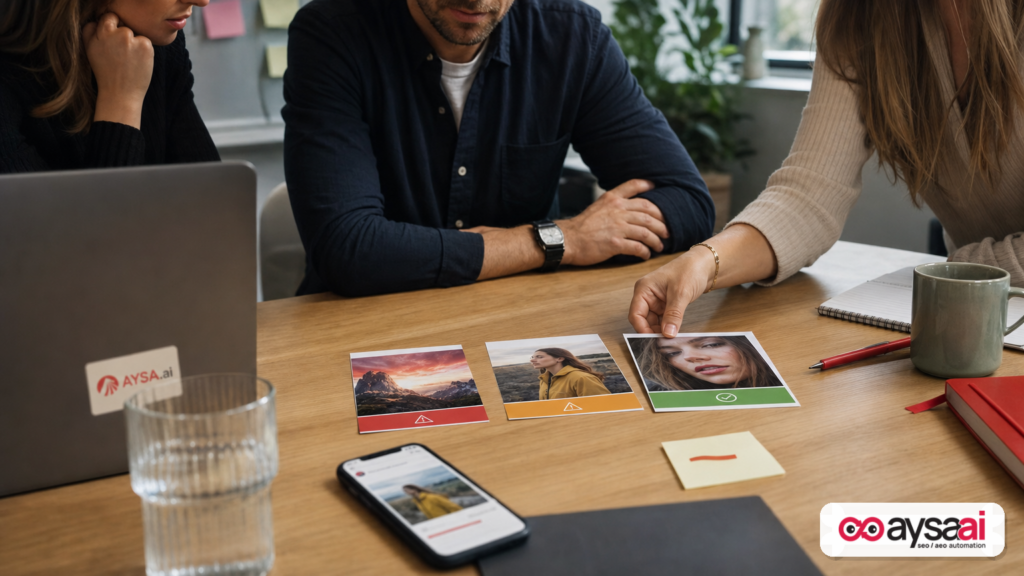 Hands sorting ad creative types into a risk gradient for AI-generated and AI-manipulated content.