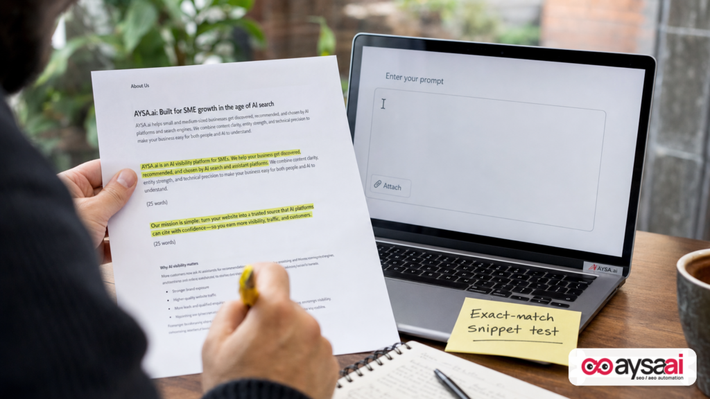 Highlighted text snippets on a printed page next to a laptop prepared for an exact-match retrieval test.