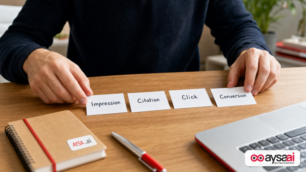 Index cards labeled impression, citation, click, and conversion arranged on a desk.