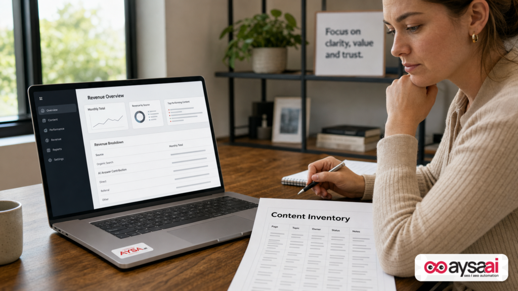 Laptop with a generic earnings dashboard mock showing an AI contribution line item next to a content inventory printout.