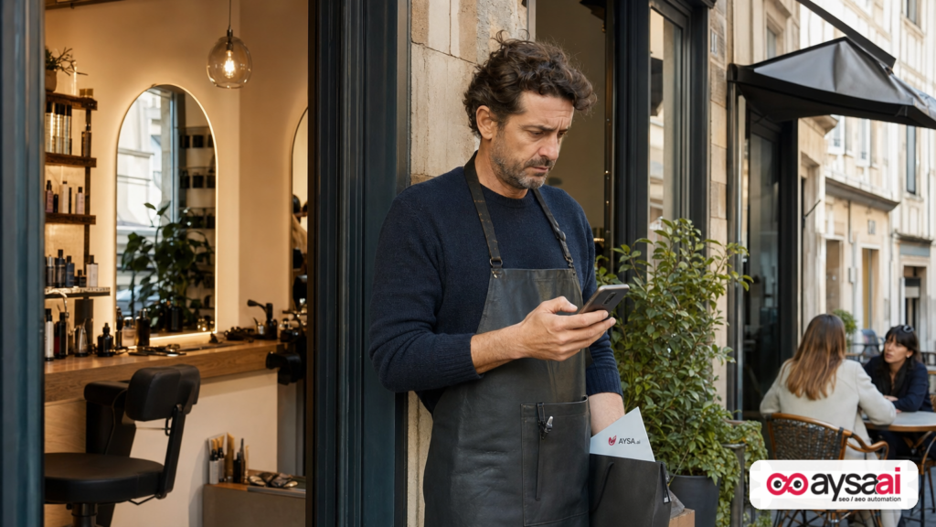 Local business owner in a European neighborhood checking local search visibility on a phone.