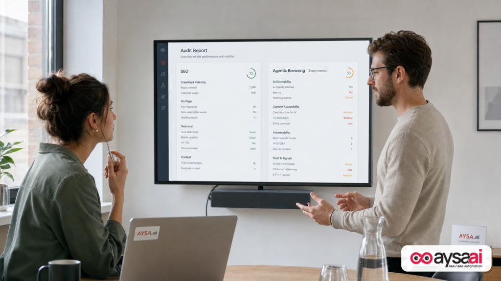 Marketer and developer reviewing an experimental agent audit separate from SEO.