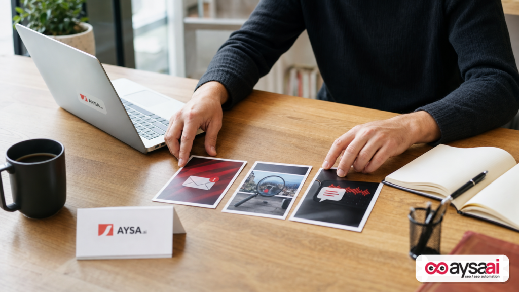 Marketer arranging cards representing spam updates, image search, and AI answers beside a laptop.