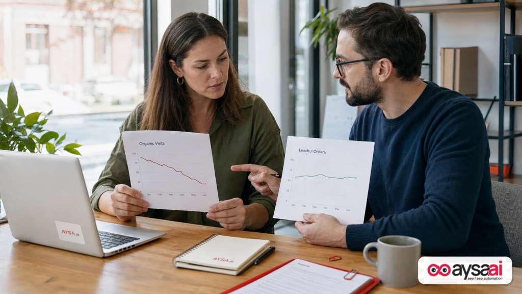 Marketer comparing declining traffic with steady leads on printed reports