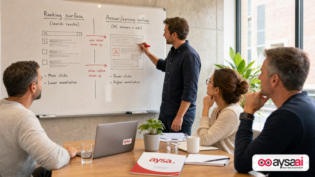 Marketer drawing a simple diagram showing rankings and AI answers as separate surfaces.