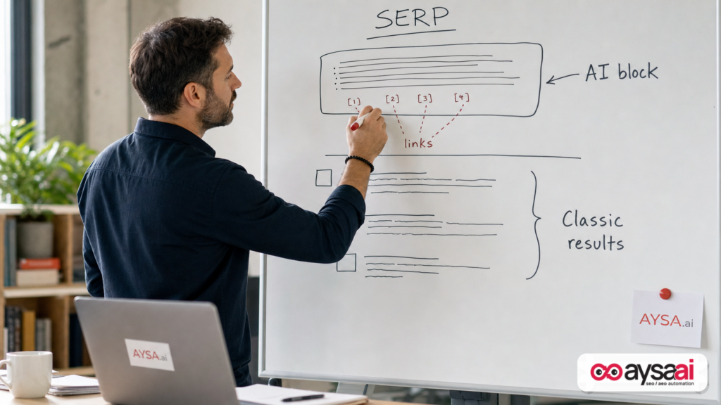 Marketer drawing an AI search results block on a whiteboard to show why link position is hard to measure inside AI Overviews.