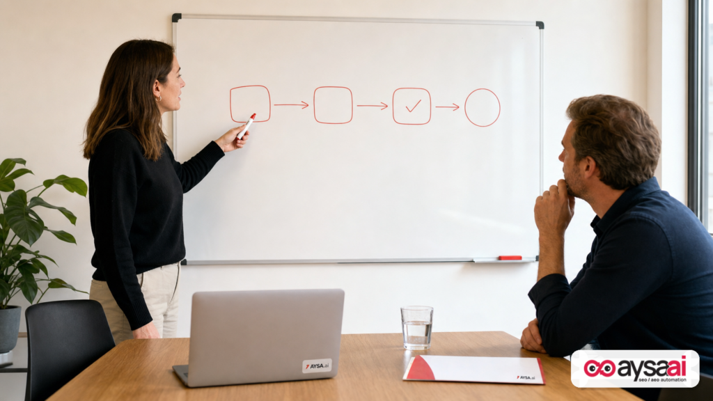 Marketer explaining a simple AI search answer flow on a whiteboard