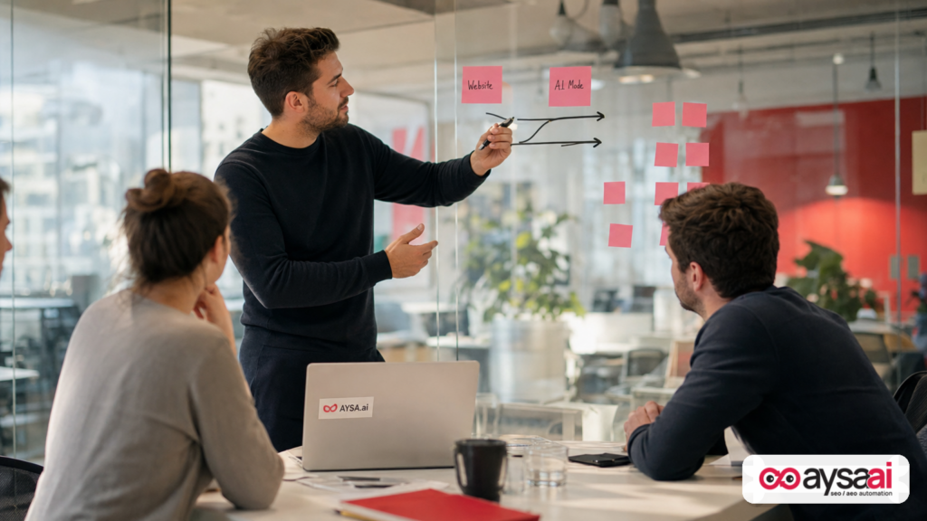 Marketer mapping two user paths from AI answers: click to website vs. open AI Mode conversation.