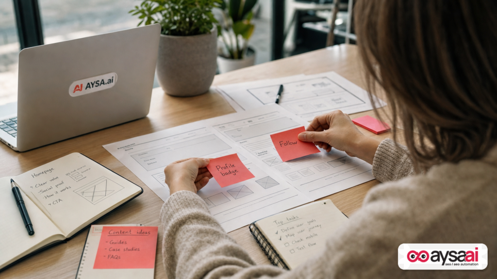 Marketer planning where to place a profile badge and follow element on a website wireframe.