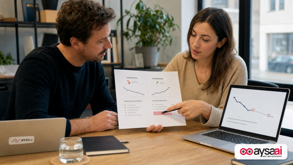 Marketer reviewing a report where traffic declines but AI mentions increase, illustrating measurement gaps.