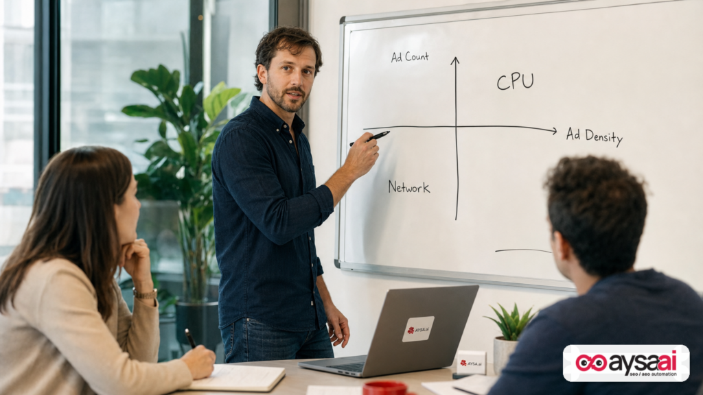 Marketer sketching the four CrUX ad experience metrics on a whiteboard: ad count, ad density, CPU weight, and network weight.