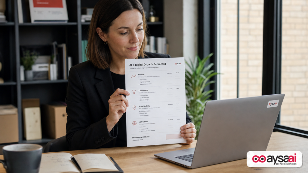 Marketing manager holding a scorecard for demand, conversions, and AI citations
