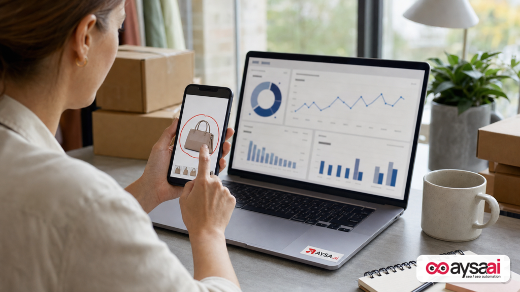 Person using a phone to circle a product image while analytics are open on a laptop.