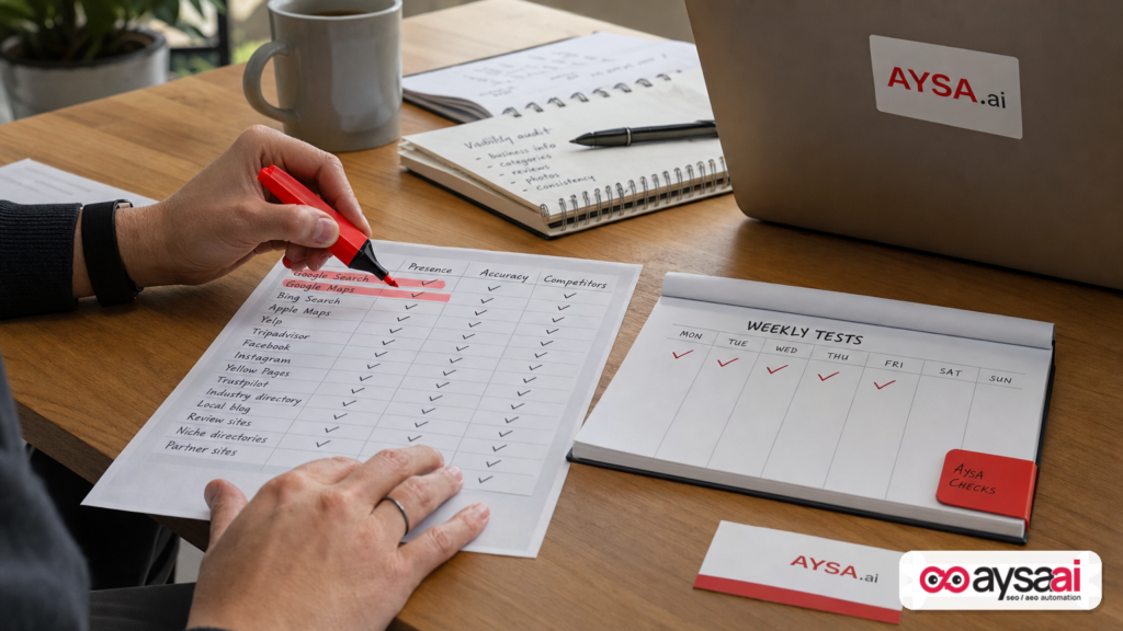 Printed GEO tracking sheet with columns for presence, accuracy, and competitors highlighted over a weekly schedule.