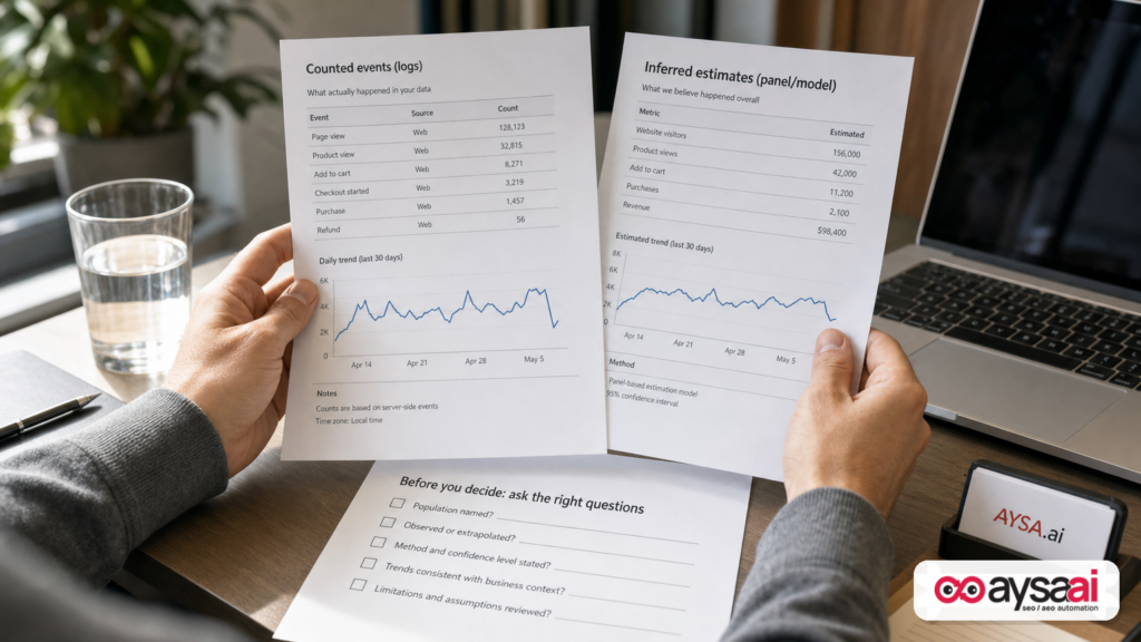 Printed reports comparing counted events and inferred estimates used in analytics decisions.