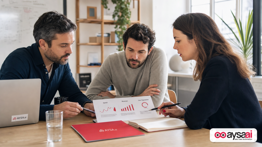 SEO, developer, and ads manager reviewing a report about user experience, revenue, and site performance trade-offs.