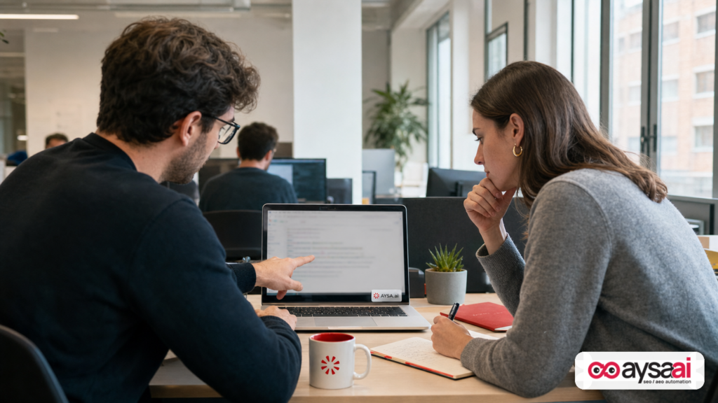 SaaS team discussing AI-assisted coding on a laptop