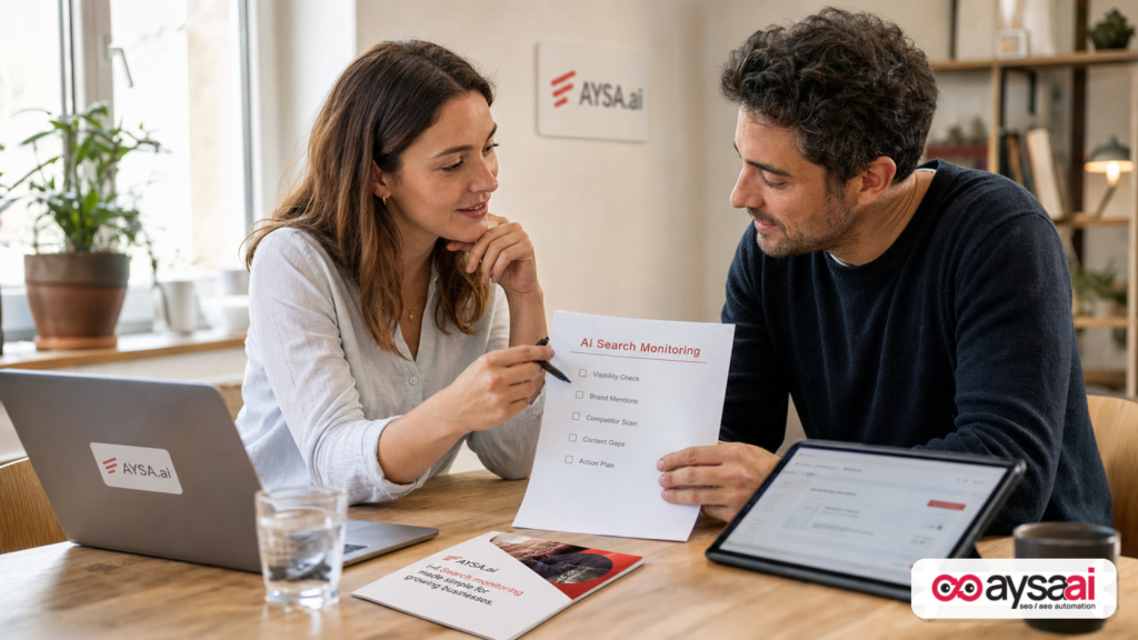 Small business owner and consultant reviewing an AI search monitoring checklist.