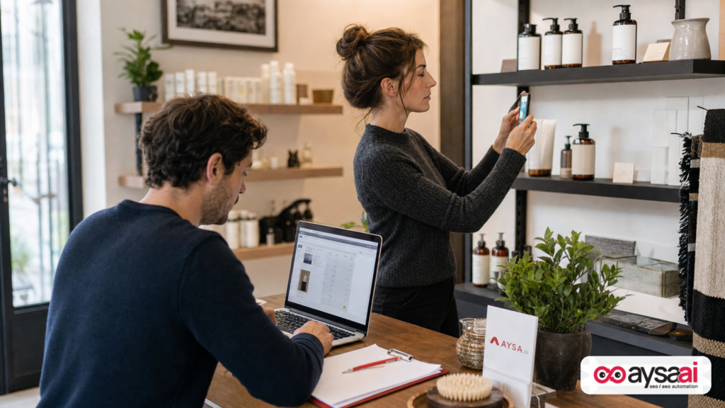 Small business staff captures product photos while monitoring performance on a laptop.