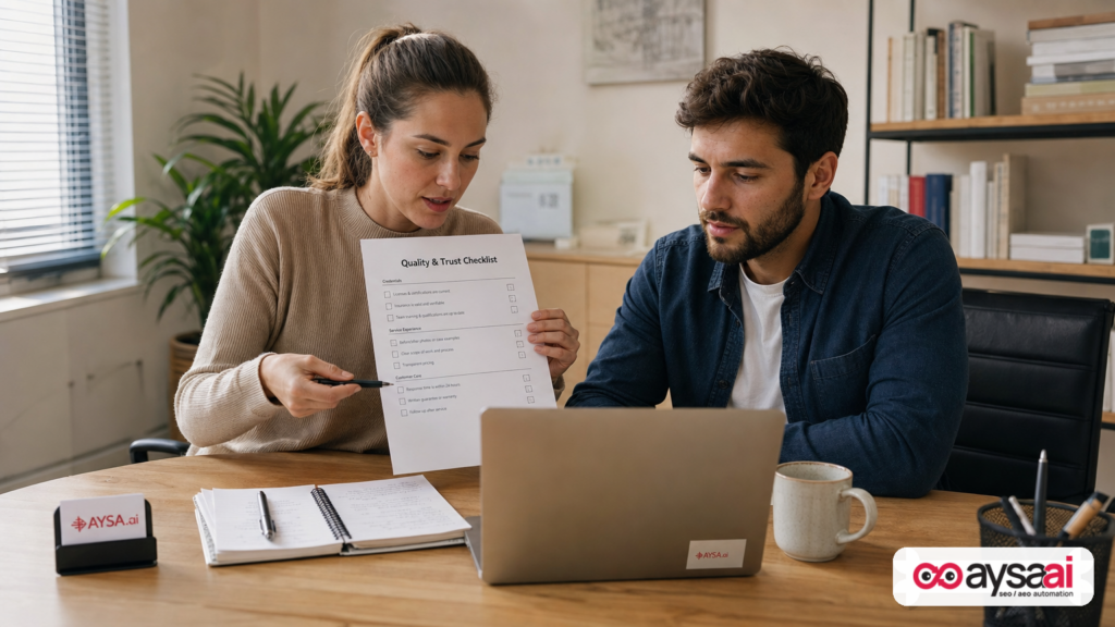 Small business team reviewing AI-assisted content drafts with a quality checklist to avoid spam signals.