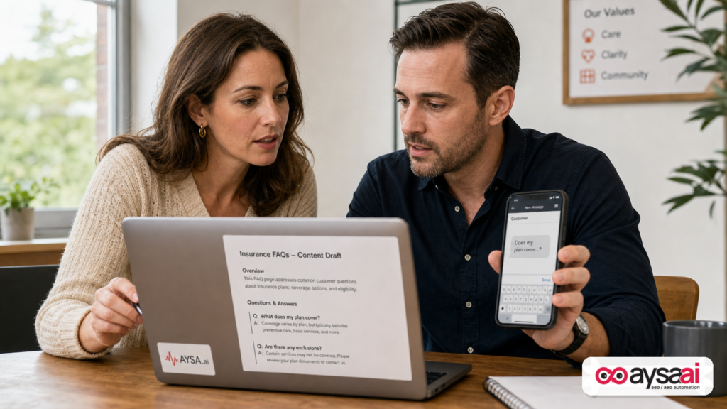 Small business team updating FAQ content to match real customer questions used in AI answers.