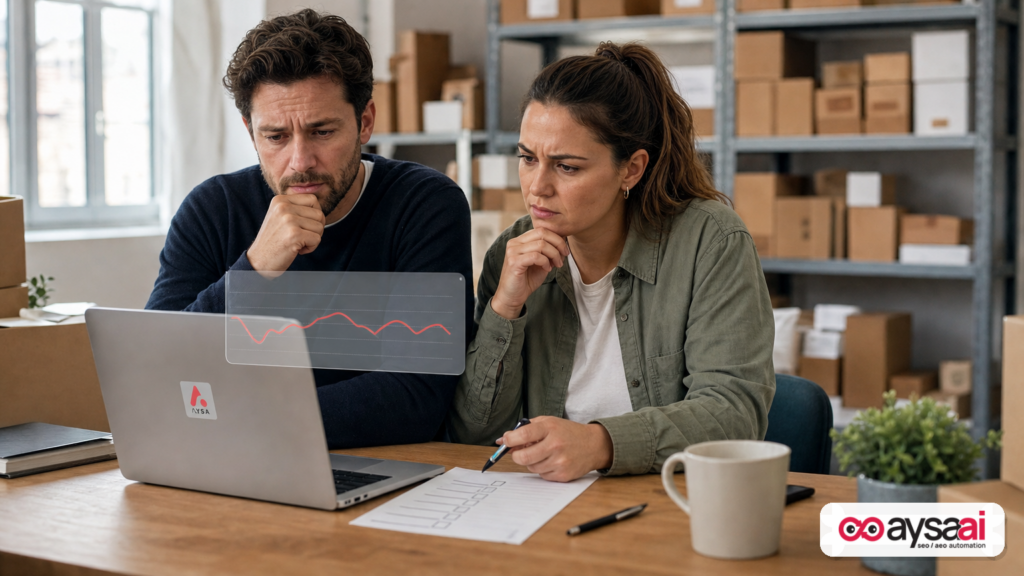 Small ecommerce team reviewing a traffic drop on a laptop, highlighting the risk of blocking search crawlers.