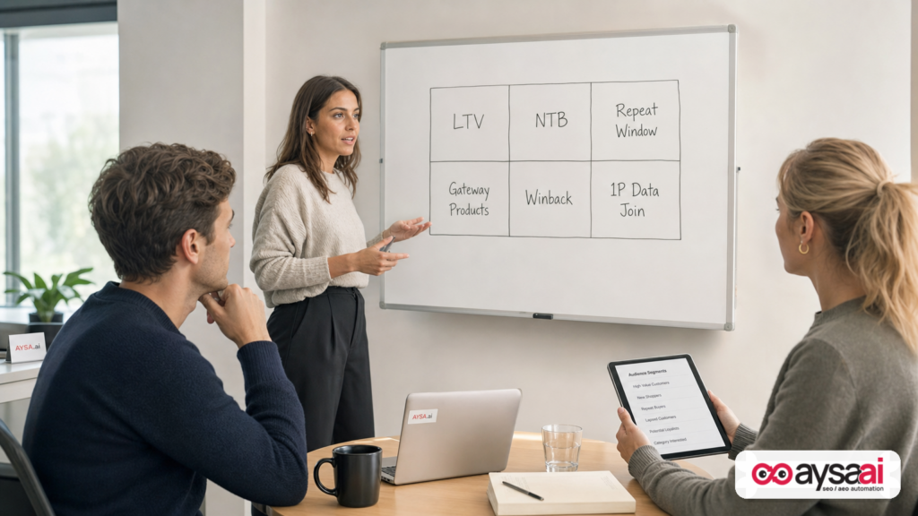 Small marketing team reviewing a six-box framework for lifecycle measurement and audience building.