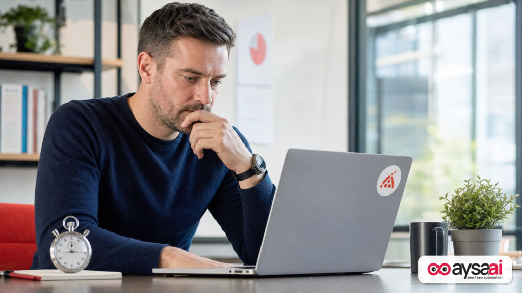 Support lead testing chat response speed with a stopwatch next to a laptop.