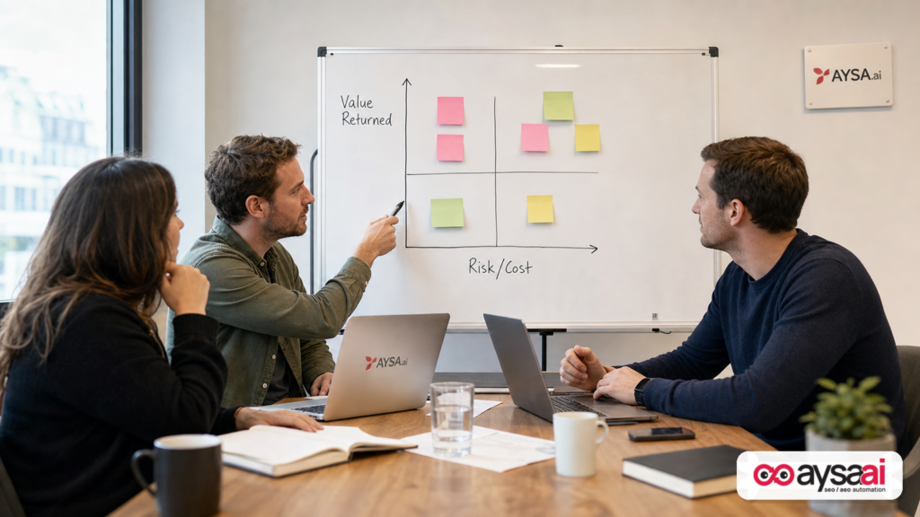 Team discussing an AI crawler policy using a value-versus-risk matrix on a whiteboard.