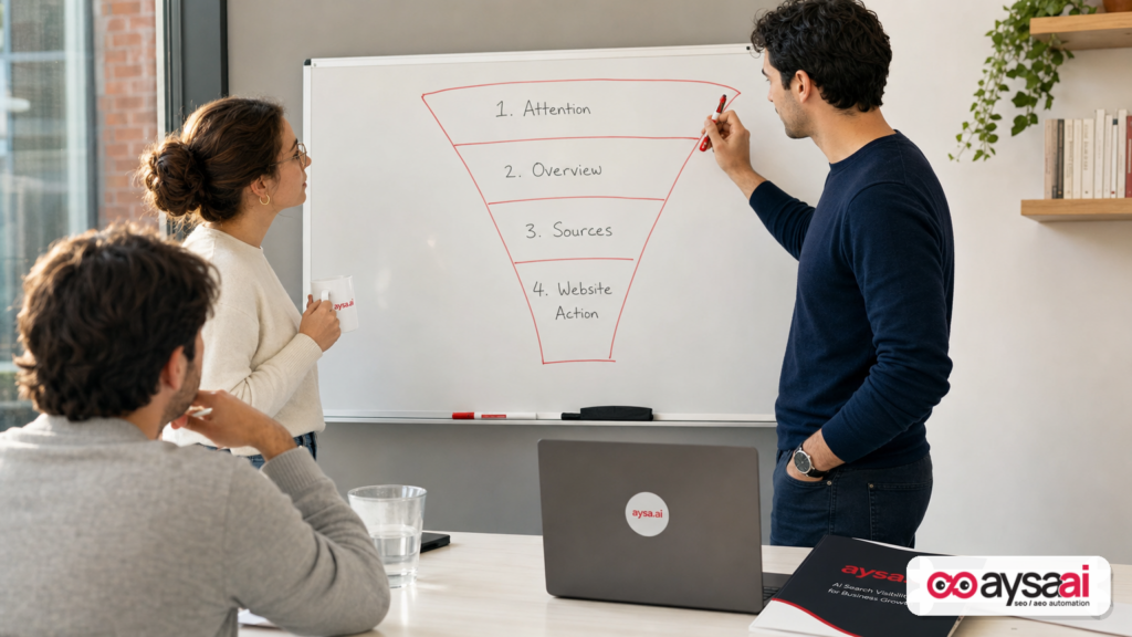 Team mapping a simple funnel from attention to website action on a whiteboard.