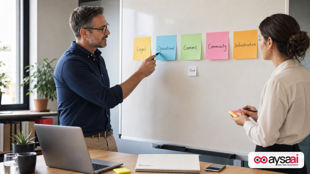 Team mapping governance and operational control layers on a whiteboard to understand business risk beyond internal chat access.