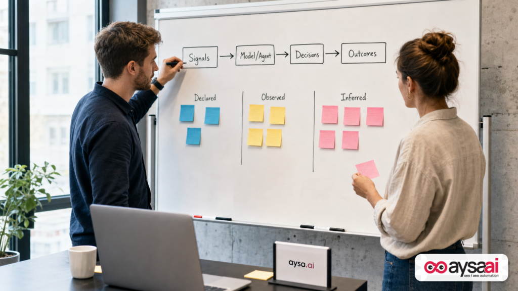 Team mapping how audience signals flow into AI agents and decisions on a whiteboard.