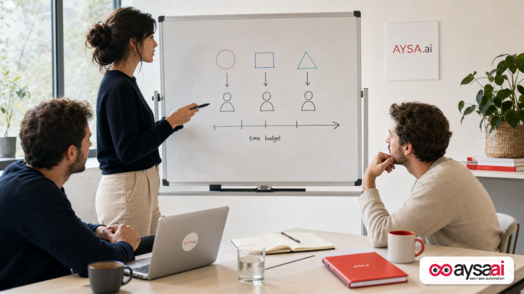 Team planning an AI agent workflow with a time budget on a whiteboard.