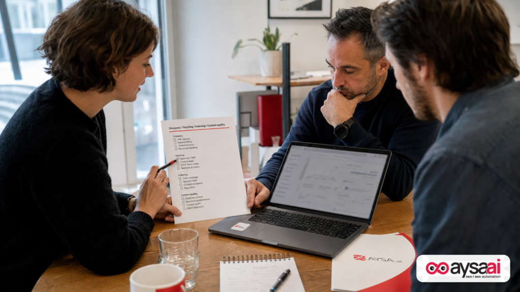 Team reviewing a checklist for discovery, fetching, indexing, and content quality issues affecting AI retrieval.