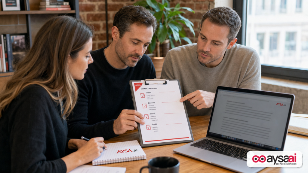 Team reviewing a checklist for visibility across Search, Discover, social, and email.