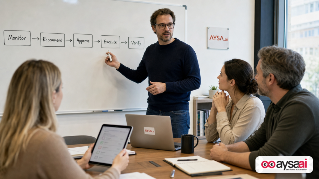 Team reviewing a monitor-recommend-approve-execute workflow on a whiteboard.