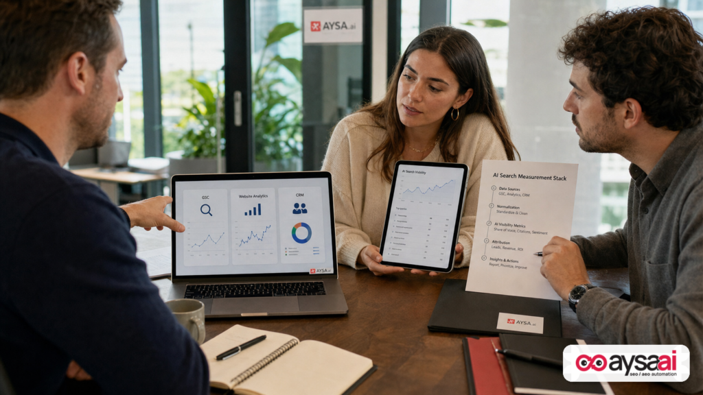 Team reviewing a multi-tool measurement stack for AI search visibility including Search Console and analytics.