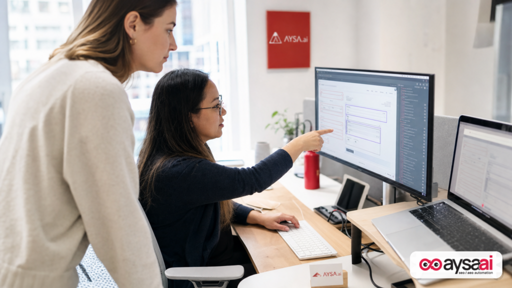 Team reviewing accessibility-focused page structure with form labels and focus indicators.