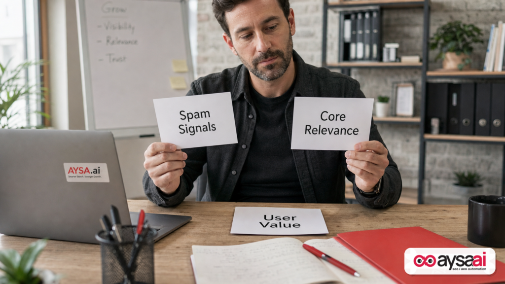 Two cards labeled Spam Signals and Core Relevance to illustrate different types of Google updates.