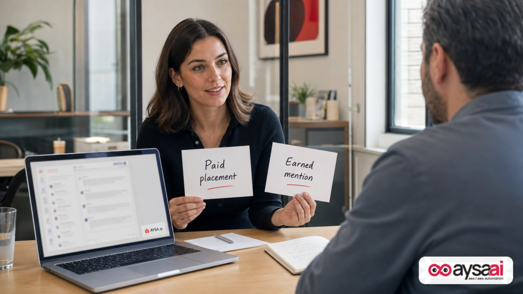 Two cards labeled paid placement and earned mention beside a laptop with a chat interface.