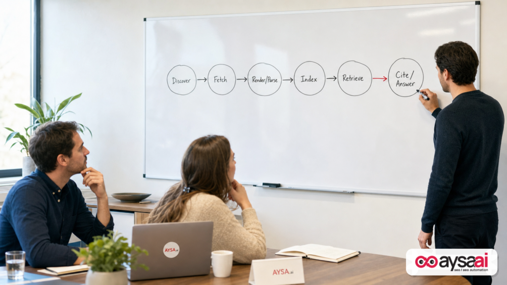 Whiteboard diagram showing the steps of an AI search retrieval pipeline from discovery to citation.
