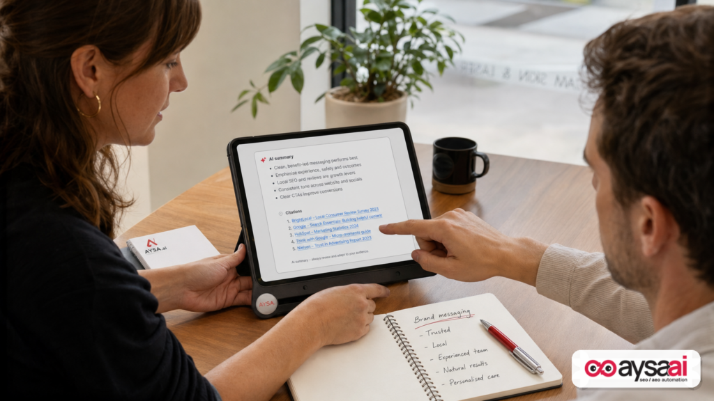 A business owner reviewing an AI summary and citations and taking notes on brand messaging risks.