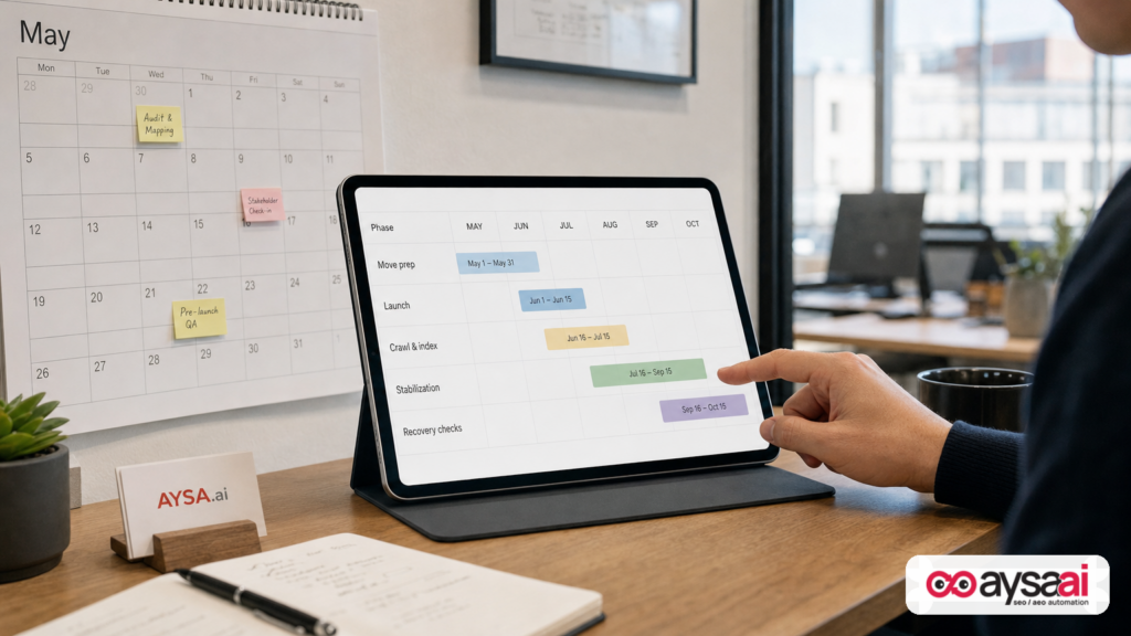 A multi-month project timeline for a site move with phases for crawl, index, and stabilization.