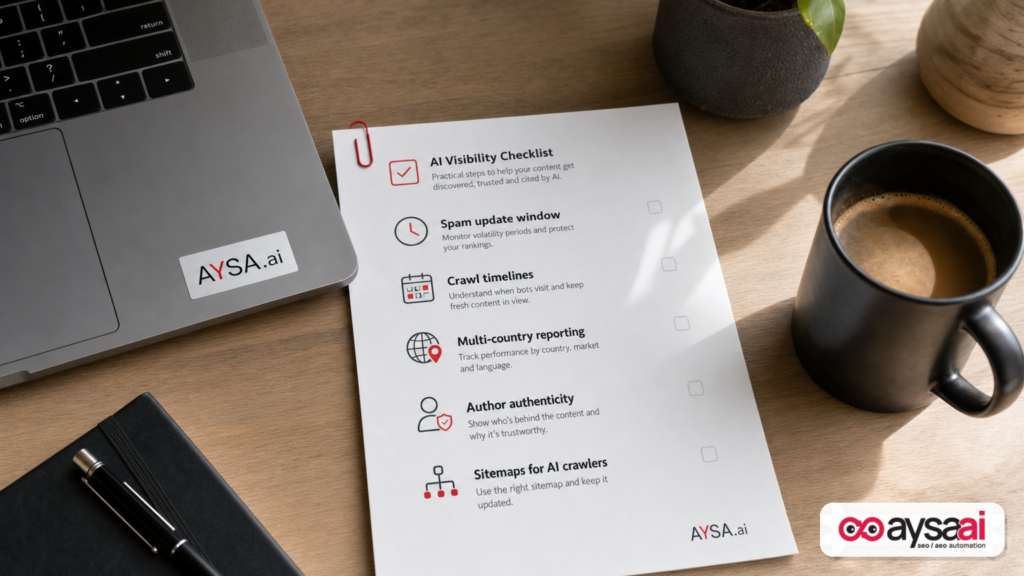 A one-page SEO checklist summarizing spam update timing, crawl timelines, reporting changes, and author authenticity checks.