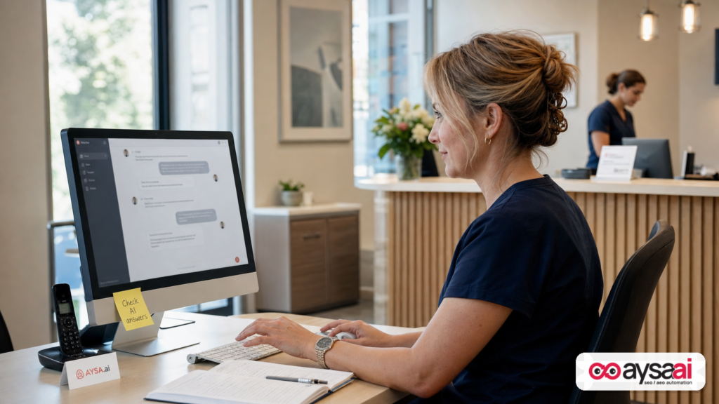 A small business operator checks an AI chat answer about their business before customers visit the website.